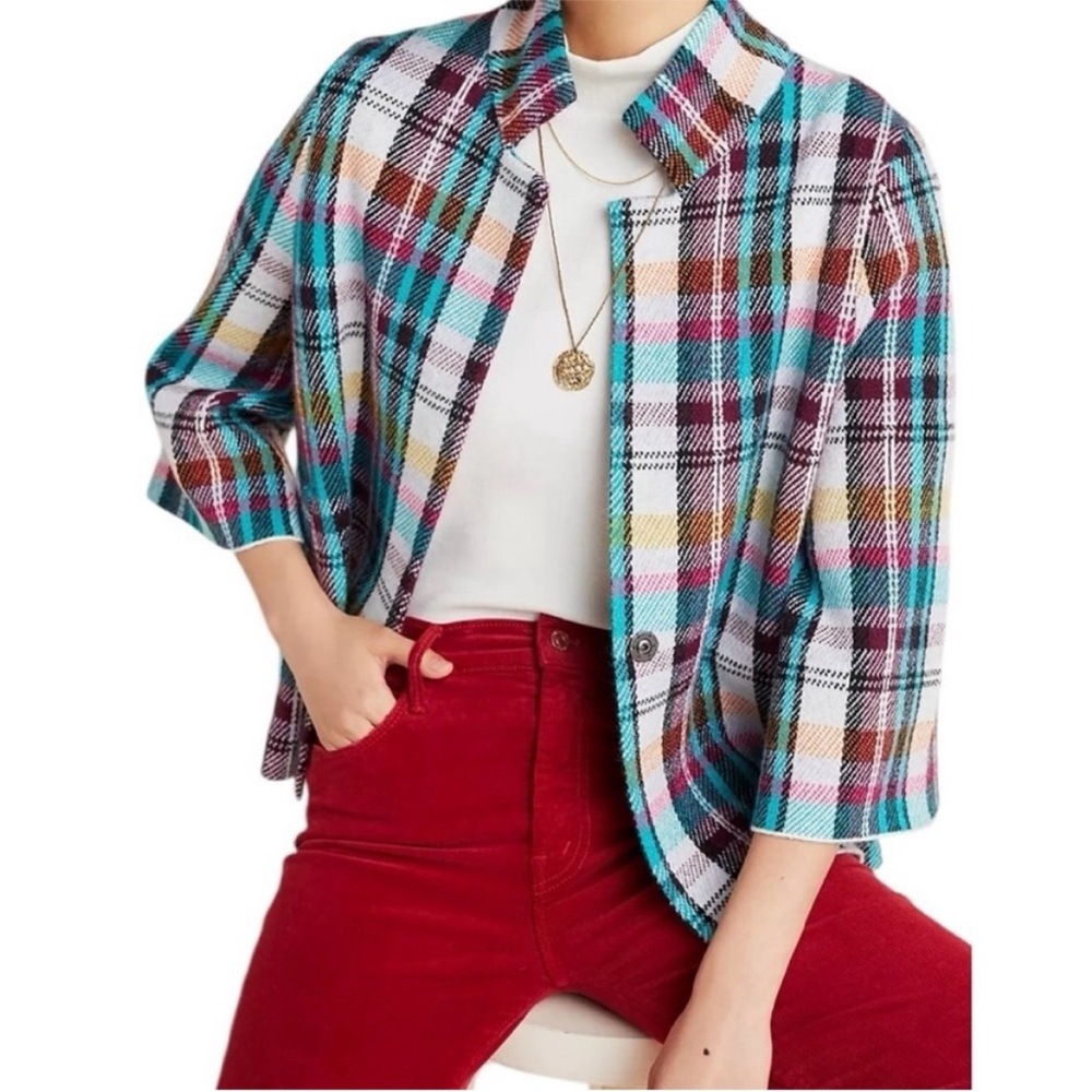 Anthropologie Rosetta colorful striped Plaid Blazer w open collar & pockets